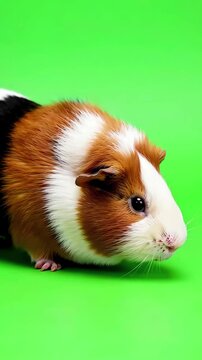 Cute tricolor guinea pig walking and sniffing the ground on a professional chroma key green screen