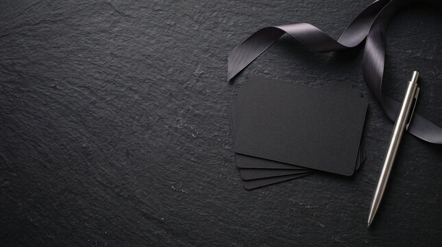 Elegant black condolence card mockup with silk ribbon and silver pen on dark slate texture for funeral invitation or sympathy note