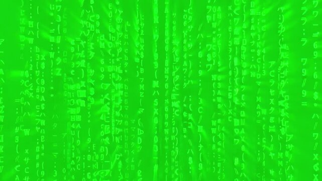 Digital matrix style green particles moving vertically in a seamless loop on a green screen backdrop for visual effects