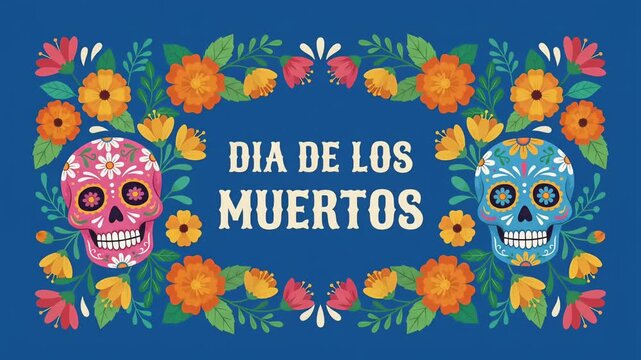 Festive Dia de los Muertos text greeting with sugar skulls and floral border in a blue motion graphic
