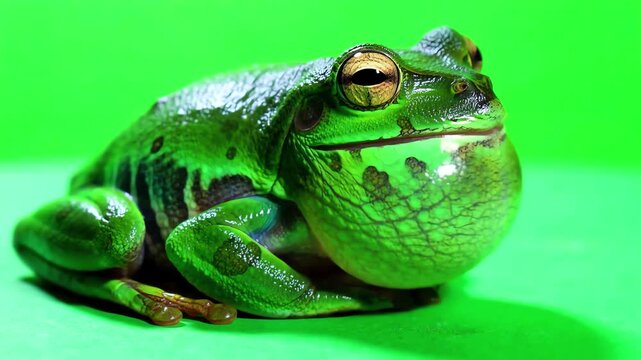 Green frog breathing rhythmically while sitting on a flat surface isolated on green screen background