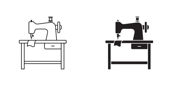 sewing machines on tables with fabric being stitched isolated on transparent background