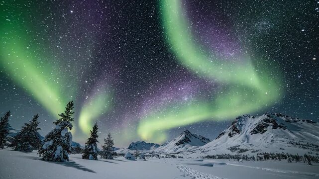 Vibrant aurora borealis dancing across a starlit arctic sky above snow covered mountains and pine trees at night.