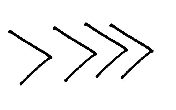 Hand drawn chevron arrows pointing right, three black ink sketch angle bracket lines doodle, forward fast direction symbol isolated on white background for infographic, banner and presentation design