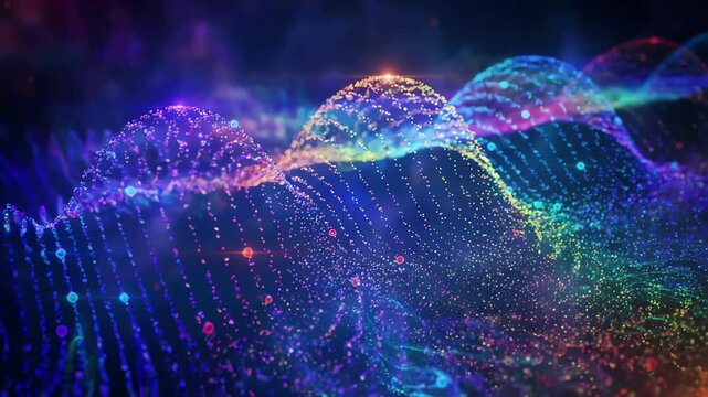 Microscopic glowing particles forming a spherical sound wave pulse that radiates outward in a rhythmic sequence of light and shadow