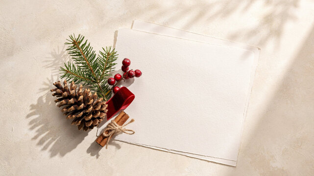 Elegant Christmas Stationery Mockup with Blank Ivory Watercolor Paper, Natural Pine Cone, Spruce Branch, Cinnamon Stick and Warm Window Light Shadows