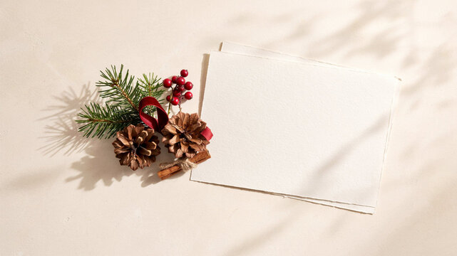 Minimalist Christmas Greeting Card Mockup with Blank Textured Paper, Pine Cone, Fresh Evergreen Sprig, Red Winterberries and Velvet Ribbon on Warm Cream Surface