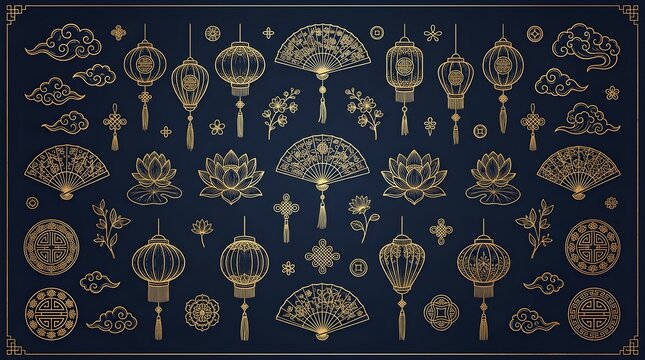 Traditional Chinese golden vector design elements featuring oriental fans lanterns lotus flowers auspicious clouds knots coin symbols set against a dark blue background pattern