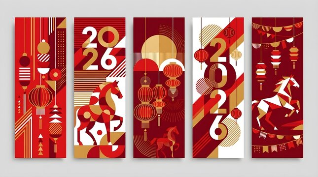 Chinese new year banners featuring flat geometric horse illustrations and lanterns in bold red and gold colors celebrating the year twenty twenty six