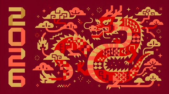 Chinese new year 2024 greeting card design featuring vibrant red and golden traditional dragon geometric vector illustration set against dark crimson background