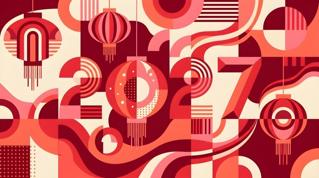 Geometric abstract composition featuring the year twenty twenty seven integrated with traditional Chinese lanterns and vibrant red shapes creating a modern festive holiday vector illustration
