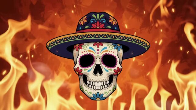 Dia de los Muertos Sugar Skull in Sombrero Burning in Fiery Flames Loop Video
