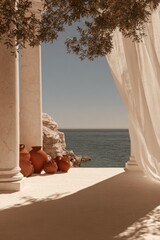 Fototapeta premium Elegant Coastal Villa Terrace Overlooking a Serene Mediterranean Sea with Olive Trees and Sunny Architecture