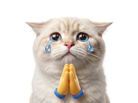  Sad crying cat with tears begging and praying in funny emotional concept