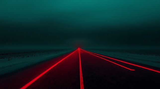 Red lines on dark road vanishing into foggy horizon.