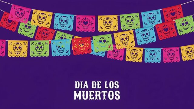 Dia de los Muertos Papel Picado Skull Garlands with Purple Background Loop
