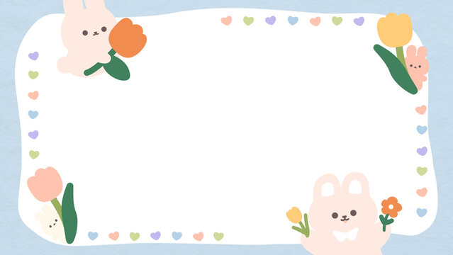Cute pastel bunny with tulips and hearts frame background presentation on blue paper