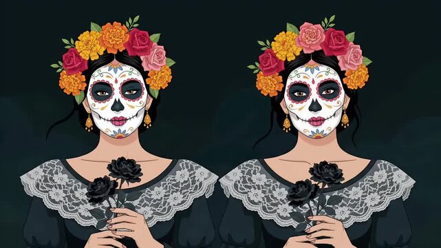 Twin Catrina Women with Skull Makeup and Black Roses Animated Motion Graphic
