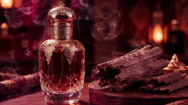 Wispy aromatic smoke drifting gracefully over a crystal oud perfume bottle and weathered agarwood base