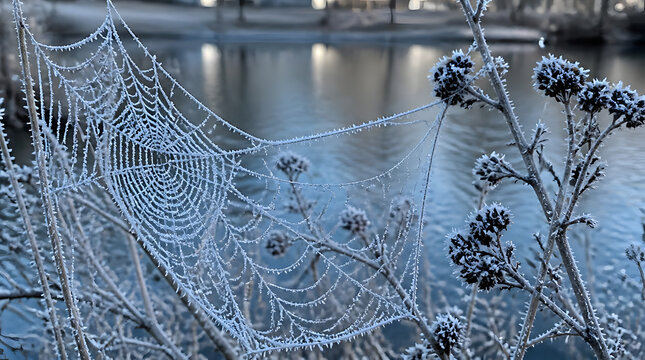 Glistening frost covered spider web suspended between icy branches reflecting calm water s soft light under serene winter scene