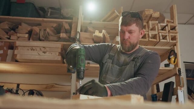 Man wearing overalls uses green electric hand drill to make precise holes into pieces of light colored wood. Workshop shelves are filled with various sizes of wooden planks lumber stacks