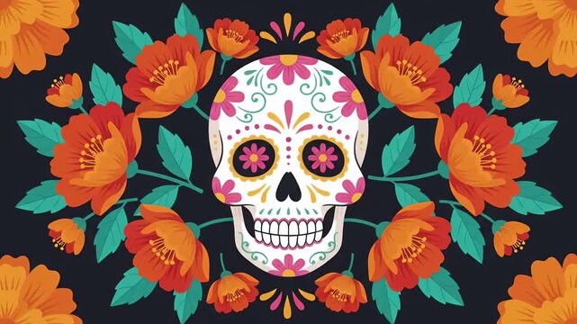 Dia de los Muertos Sugar Skull in Orange Marigold Floral Frame Loop Animation
