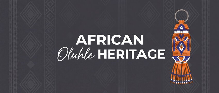 African beaded keychain heritage design featuring traditional Zulu beadwork craft on dark geometric tribal background banner with copy space for cultural identity and handicraft promotion concepts