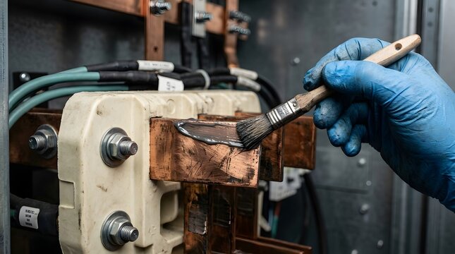 Professional Worker Applying Metal Coating with Brush in Industrial Equipment