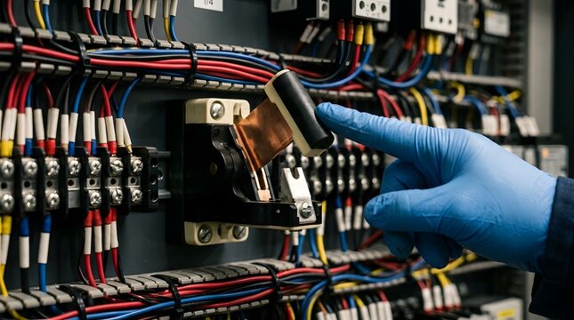 Professional Technician Wearing Blue Glove Inspecting Electrical Panel Copper Cable