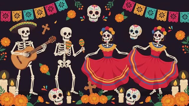 Dia de los Muertos Dancing Skeletons and Mariachi Celebration Loop Animation
