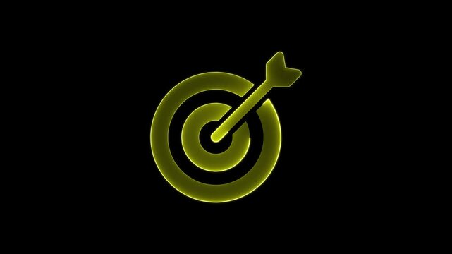 Glowing yellow target icon with arrow on black background loopable motion graphic element for business objective concept.