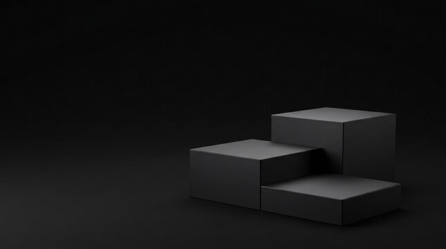 Modern black stepped pedestal background for luxury product presentation scene.