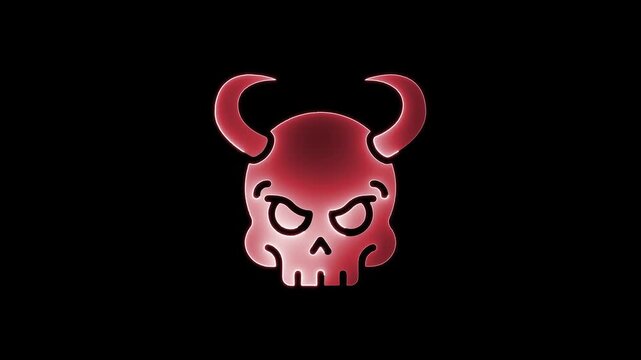 Red devil skull icon glows menacingly on black background, animated symbol for halloween or horror theme, supernatural.