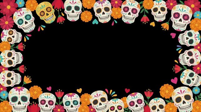 Dia de los Muertos Sugar Skulls Frame with Marigolds Copy Space Loop Video
