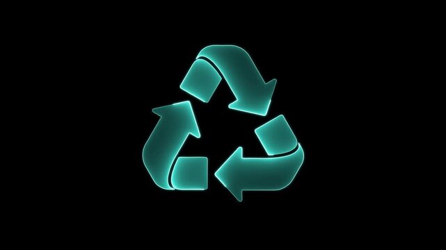 Neon green recycling sign zooming in slowly against black background with glowing digital symbol for eco concept.