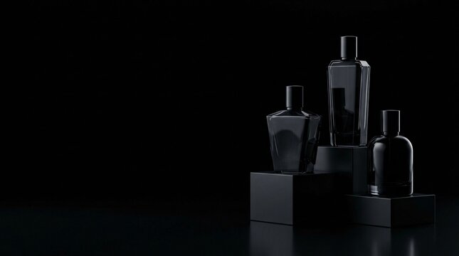 Luxury black perfume bottles on dark podium stands with dramatic lighting.