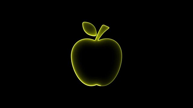 Glowing yellow apple outline emerges from darkness with leaf detail on black background animation.