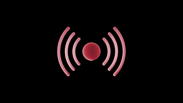 Red glowing broadcast transmitter icon pulsing with signal waves against dark background in dynamic motion graphics.