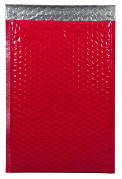 Bright Red Plastic Bubble Wrap Mailer Envelope Isolated on Black Background