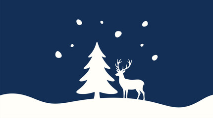 A beautiful minimalist christmas vector illustration featuring a white deer and pine tree standing in a snowy winter landscape © MstFatema
