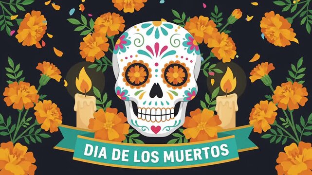 Dia de los Muertos Sugar Skull with Marigold Flowers and Candles, Vector Animation Loop
