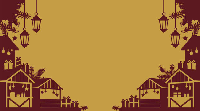 Festive winter market background featuring a beautiful christmas vector illustration with hanging lanterns and cozy wooden holiday stalls