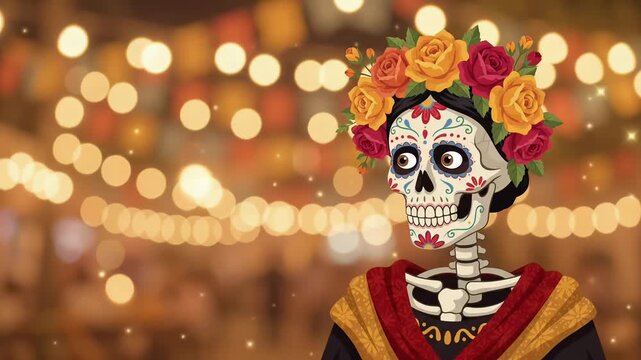 Day of the Dead Catrina Skeleton with Floral Crown, Warm Bokeh Festival Animation Loop
