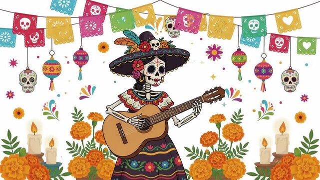 Catrina Playing Guitar in Dia de los Muertos Celebration, Festive 2D Animation Loop
