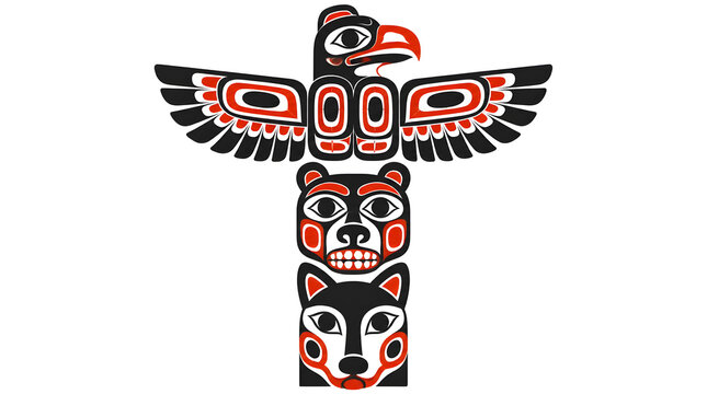 Traditional totem pole illustration featuring eagle bear wolf on white background