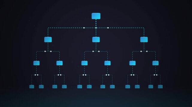 Abstract digital hierarchical network structure showing data flow and organization with blue glowing nodes on a dark futuristic background