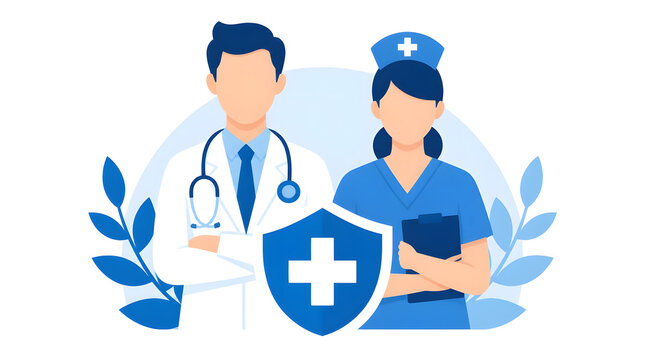 Doctor Nurse Team Flat Vector Illustration Medical Symbols Stethoscope Cap Shield Healthcare
