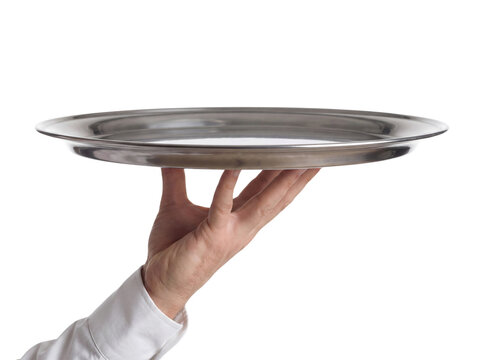 Waiter holding empty silver tray isolated on transparent background