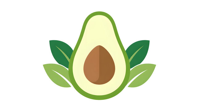 Flat vector avocado half pit surrounded by green leaves on white background modern minimalist illustration design art