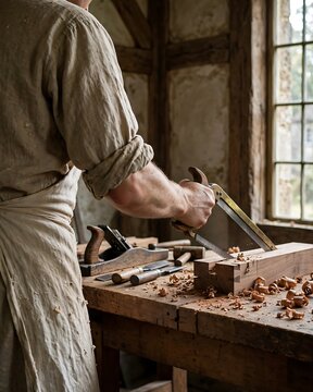 Woodworker cutting timber with hand saw on workbench beside planes and chisels in workshop.
